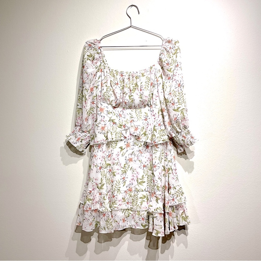 EXLURA Womens Floral Ruffle Sun Dress Sundress Tiered Square Neck Long Sleeve M. - Picture 2 of 10